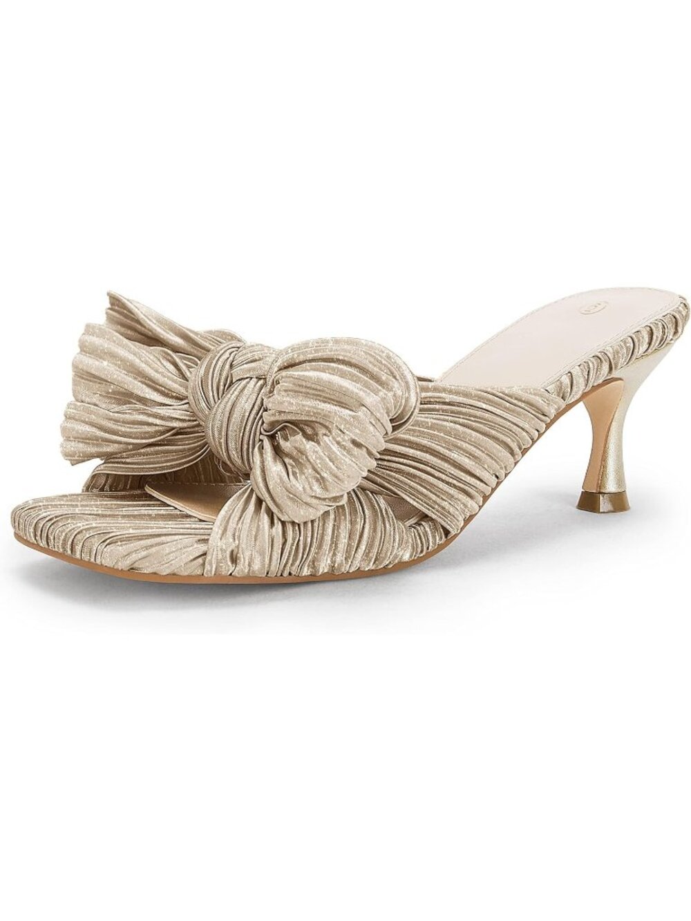 Women's Champagne Pleated Bowknot Open Square Toe Mules Slip On Cute Kitten Heel